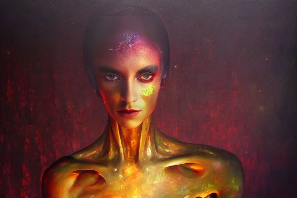 Cosmic-themed body paint with stars and nebulae on person against dark background