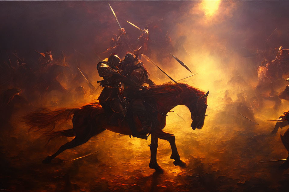 Medieval knight on horseback with lance in dramatic battlefield illustration