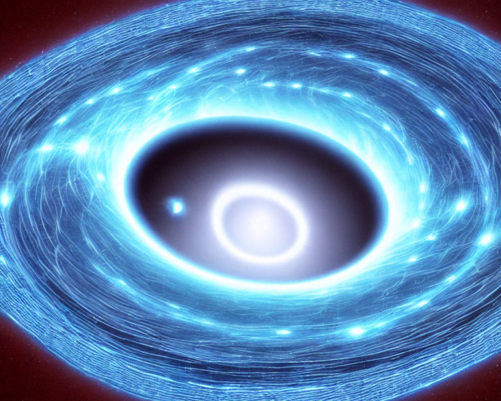 Celestial digital illustration: blue accretion disk around black hole on red starry backdrop