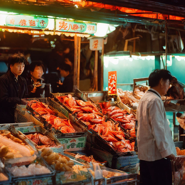 Vibrant seafood stalls at a bustling night market