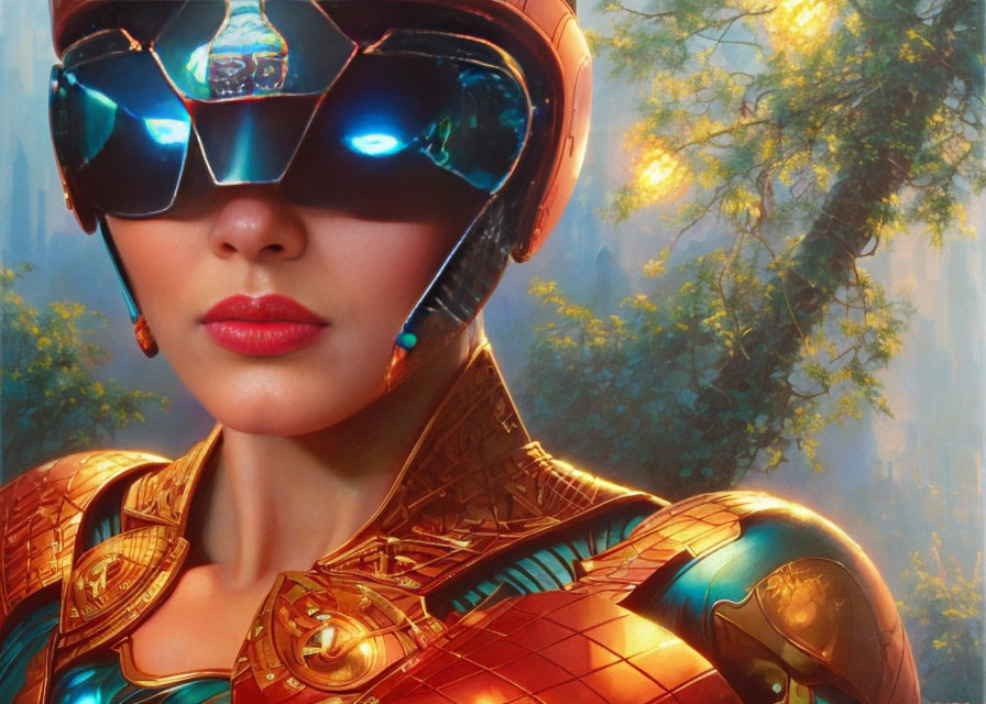 Futuristic helmet and golden armor in mystical forest setting
