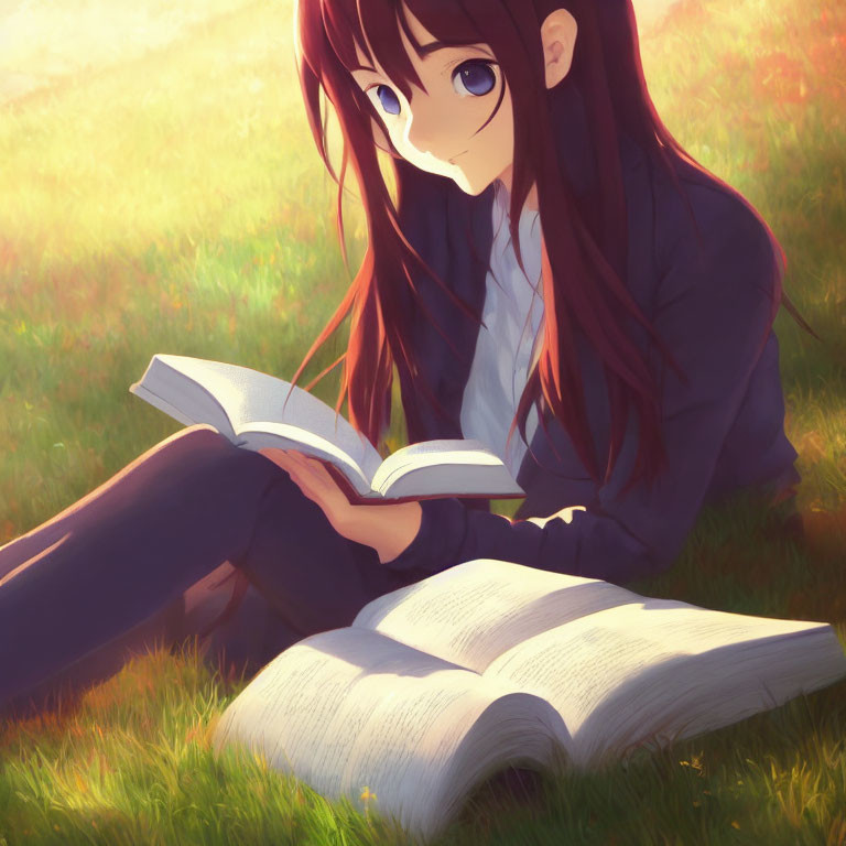 Young woman with long brown hair reading a book in sunlit field