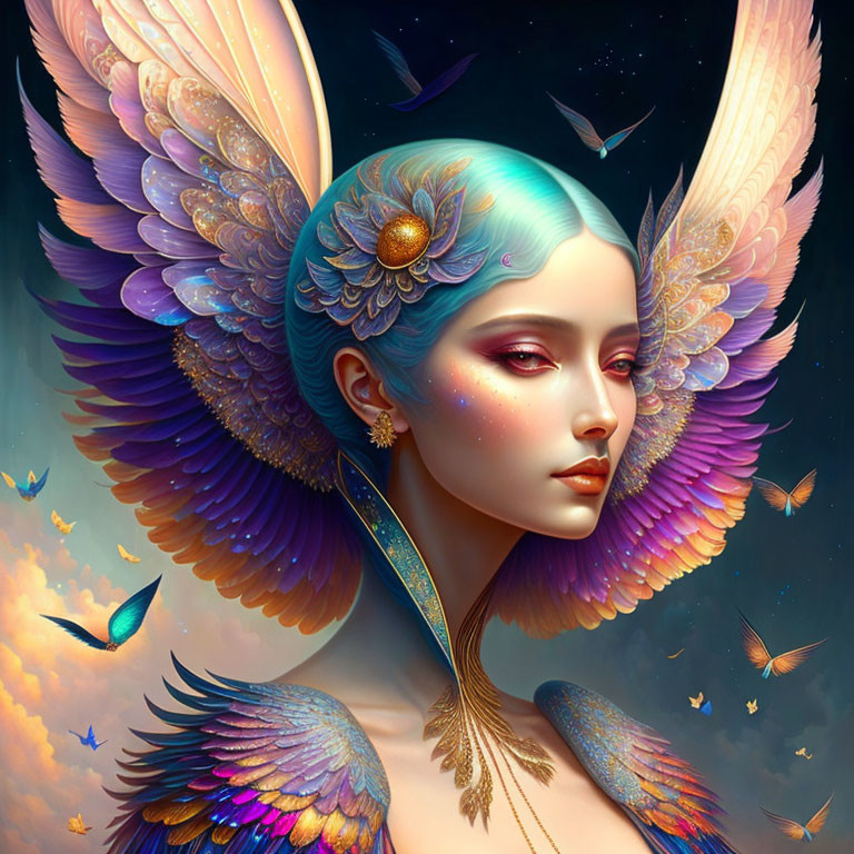 Woman with colorful feathered wings in surreal sky with birds and stars