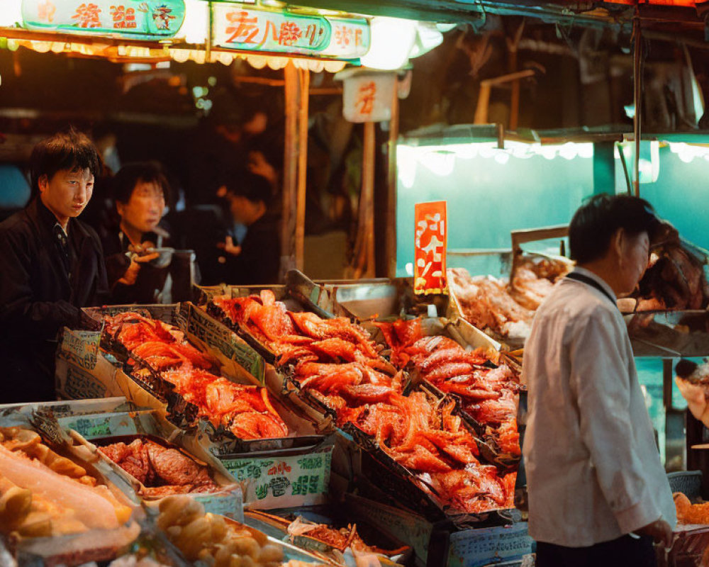Vibrant seafood stalls at a bustling night market