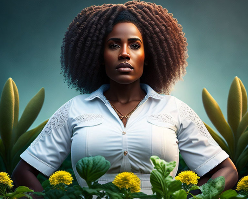 Confident woman with afro hairstyle in white shirt among green plants