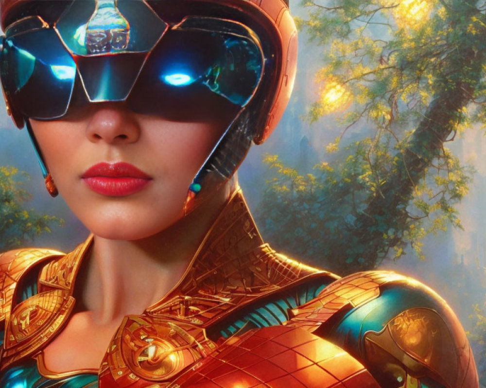 Futuristic helmet and golden armor in mystical forest setting