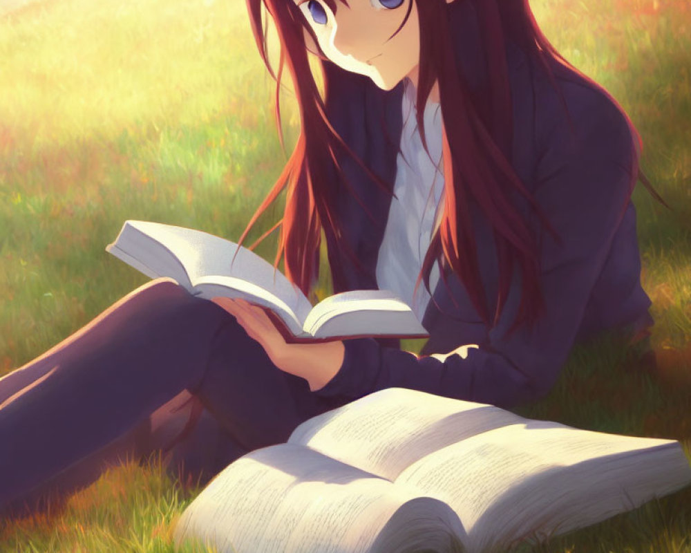 Young woman with long brown hair reading a book in sunlit field