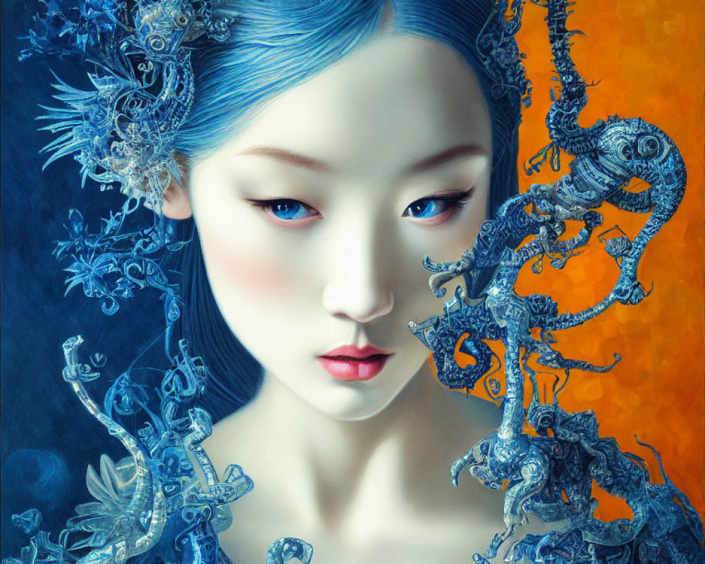 Digital artwork featuring woman with blue hair and metallic dragons on blue and orange background