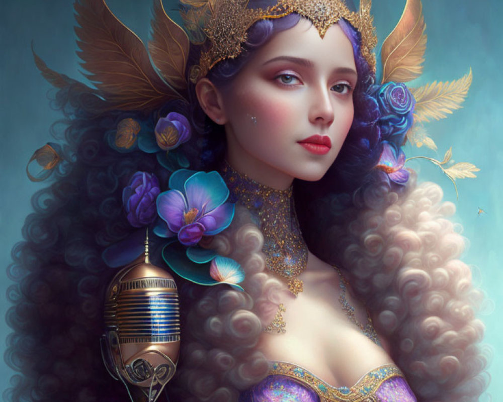 Digital artwork featuring woman with blue hair, golden headdress, jewelry, and microphone.