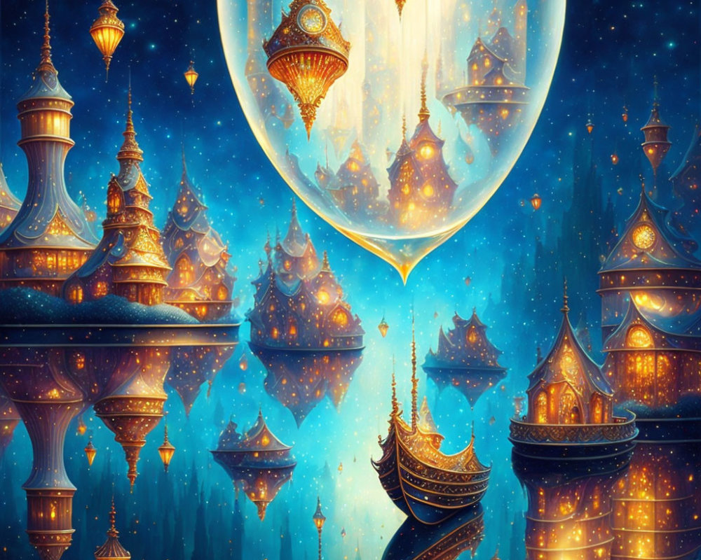 Fantastical golden-domed structures in starry sky reflection.
