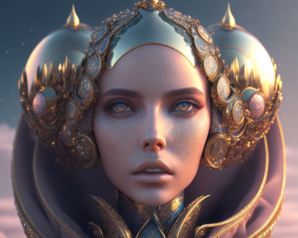 Digital Artwork of Woman with Golden Headdress and Blue Eyes on Twilight Sky