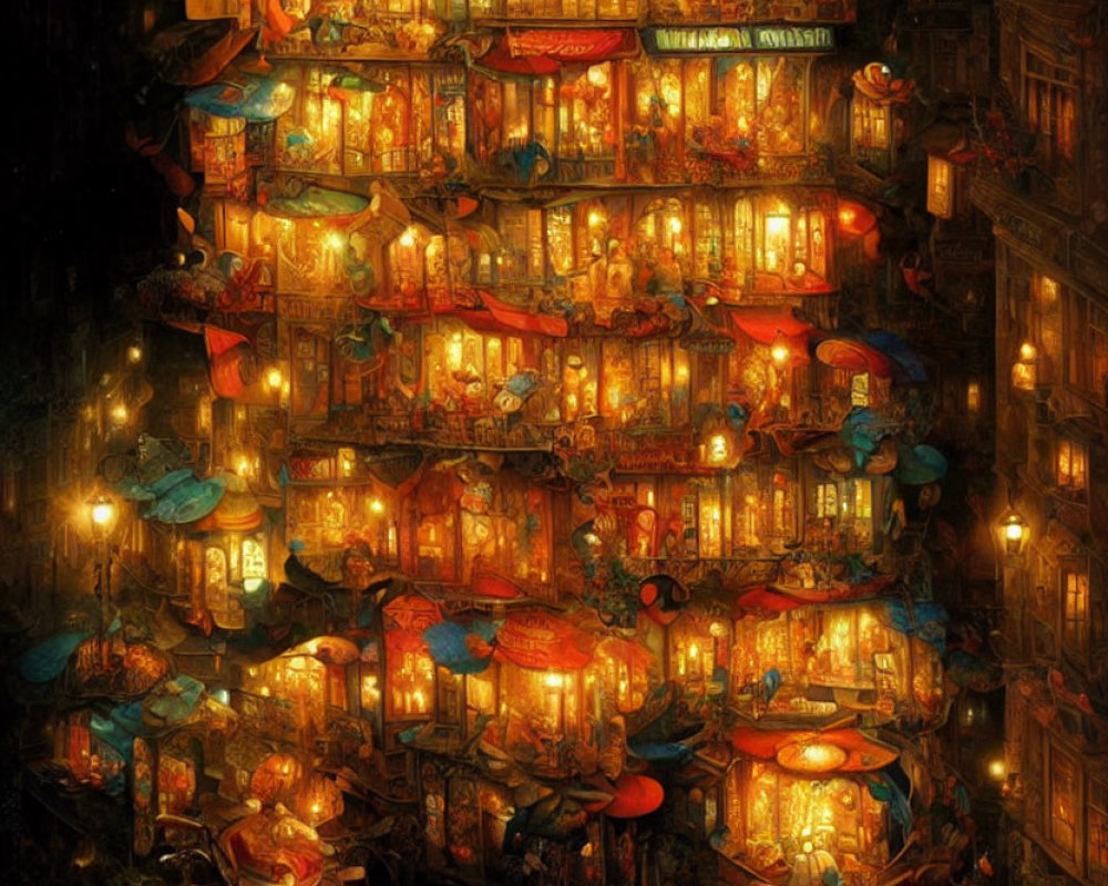 Detailed illustration of vibrant Asian night market scene