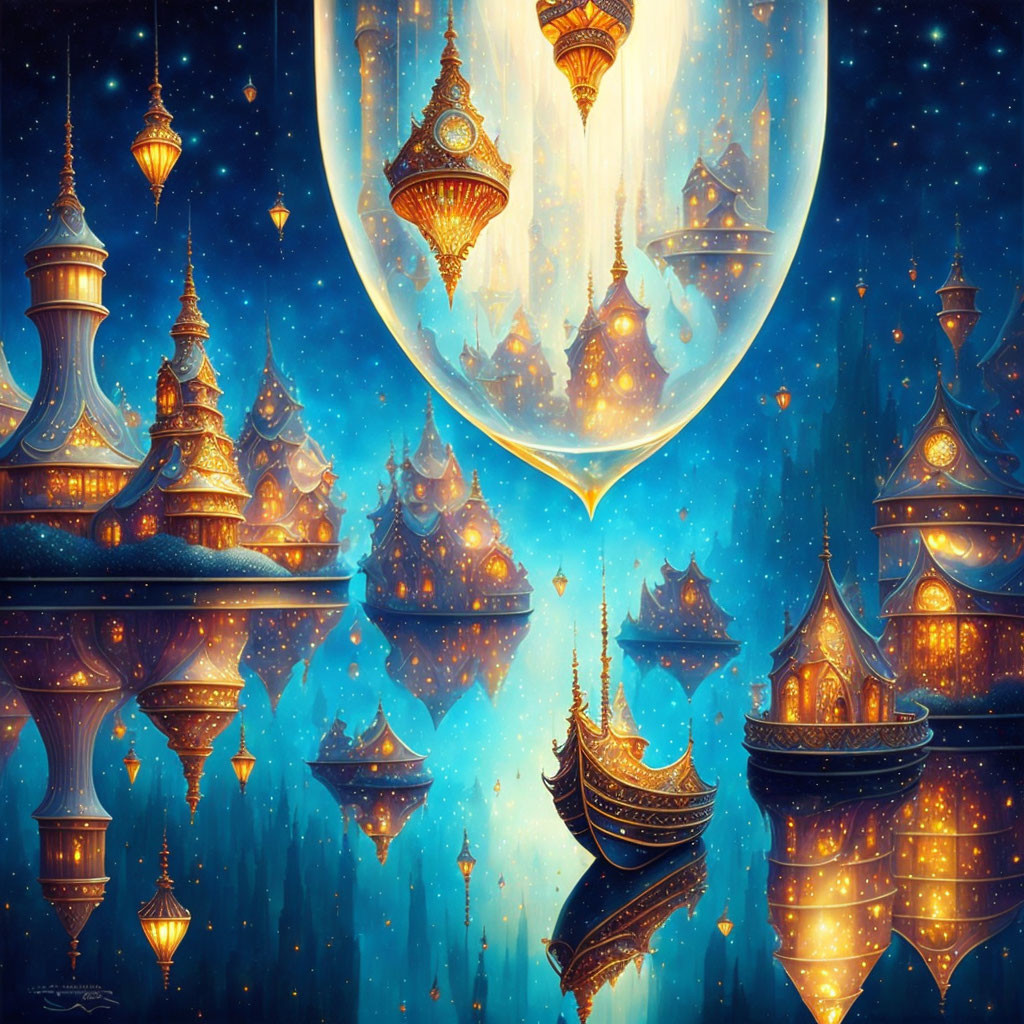 Fantastical golden-domed structures in starry sky reflection.