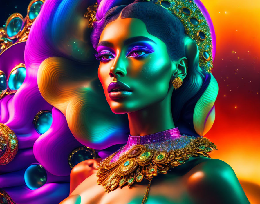 Colorful makeup and jewelry on woman against swirling backdrop