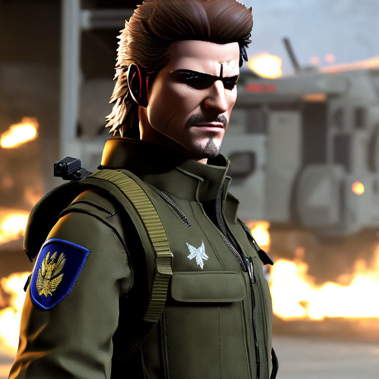 Male video game character with mullet, stubble, eyepatch, and military vest against fiery
