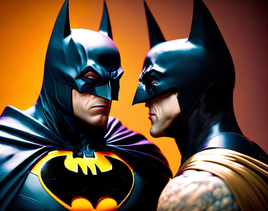 Batman figures in black and yellow and dark costumes on orange backdrop