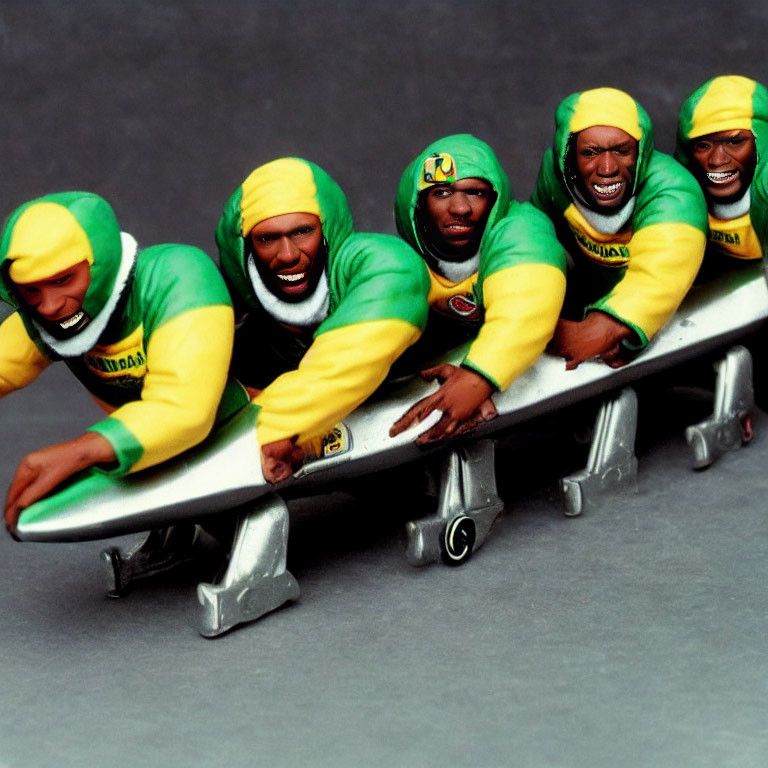 Four Jamaican bobsleigh team figurines on skateboard in playful scene