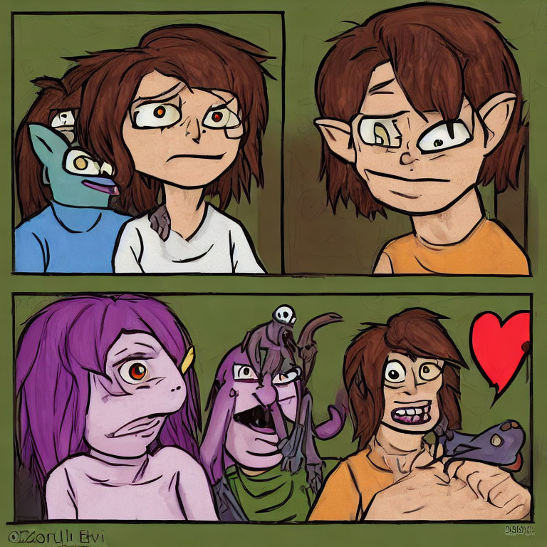 Transformation from human to purple-haired creature in comic panels