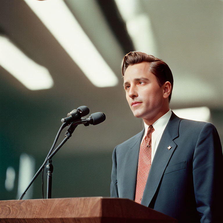 Man in suit and tie speaking at podium with microphones in serious expression