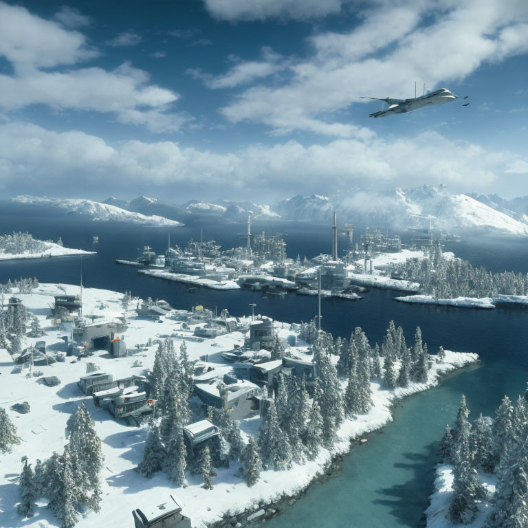 Snowy Coastal Military Base with Ships, Buildings, and Jet Flying Overhead