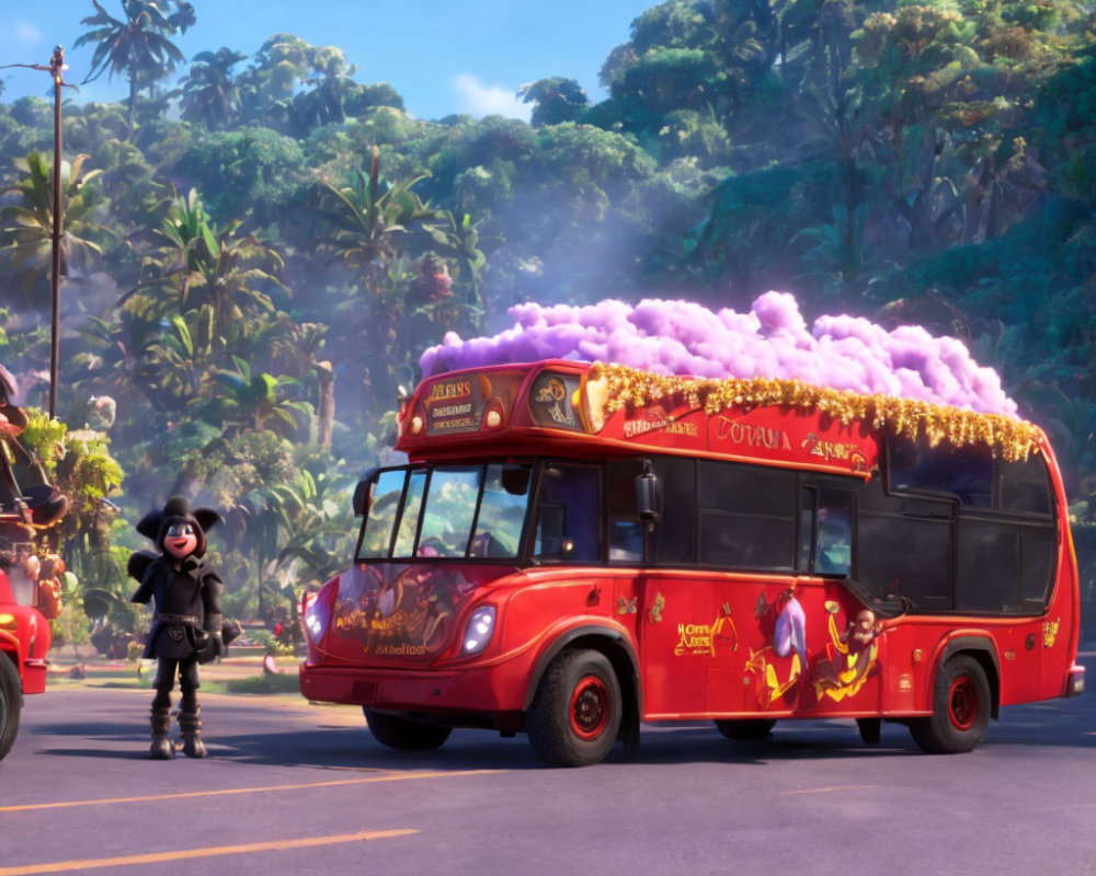 Black animated character next to red tour bus in lush tropical scene