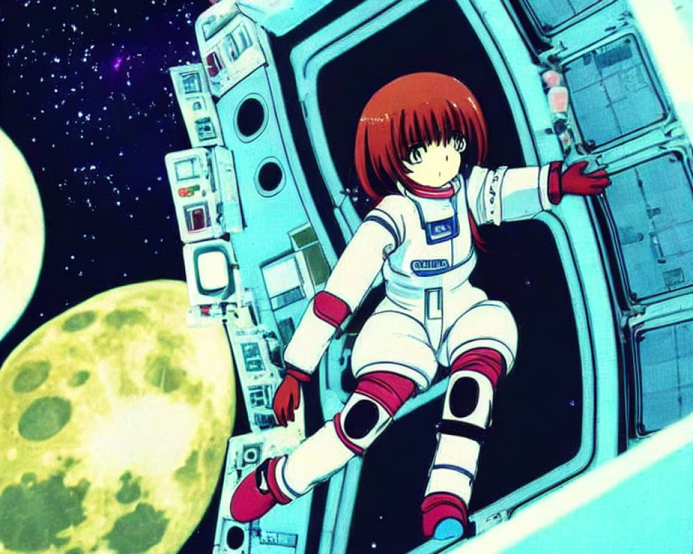 Animated character in spacesuit exits spacecraft into space