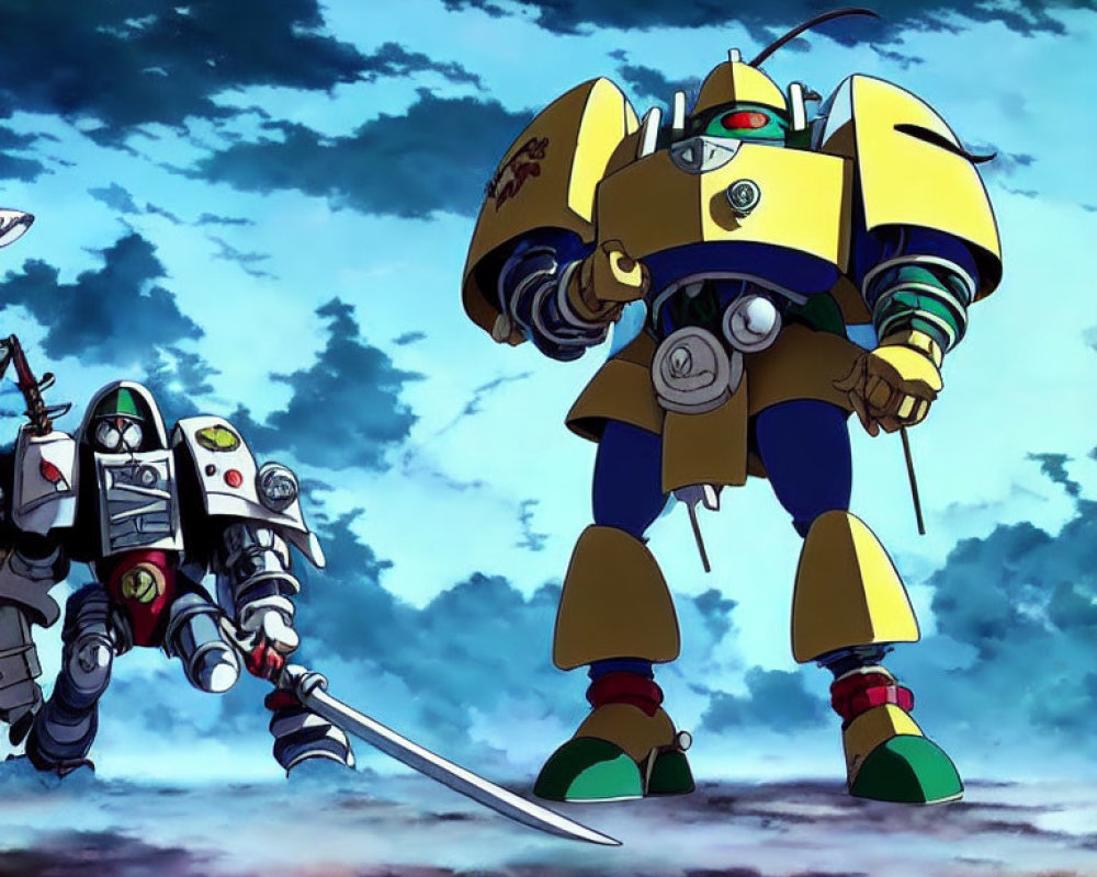 Two animated robots under a cloudy sky: one large in yellow and green with a sword.