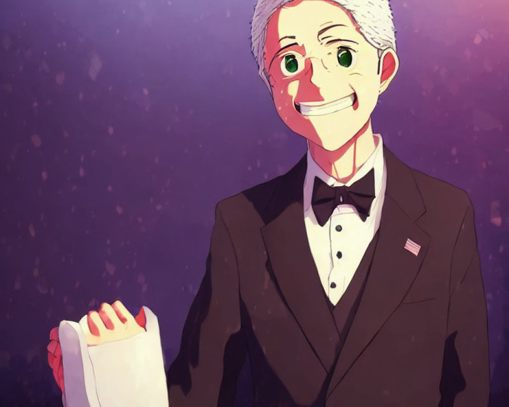 Elderly animated character in tuxedo with white hair and hat on purple starry backdrop.