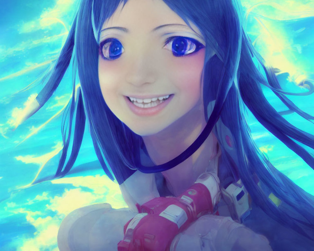 Smiling female anime character with blue hair and futuristic red suit against blue sky