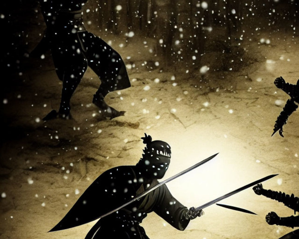Warriors in combat with swords at night in falling snow