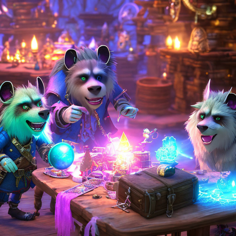 Magical workshop with animated raccoon-like creatures