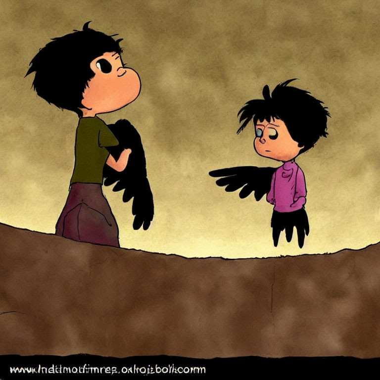 Illustrated characters with black wings on textured brown background