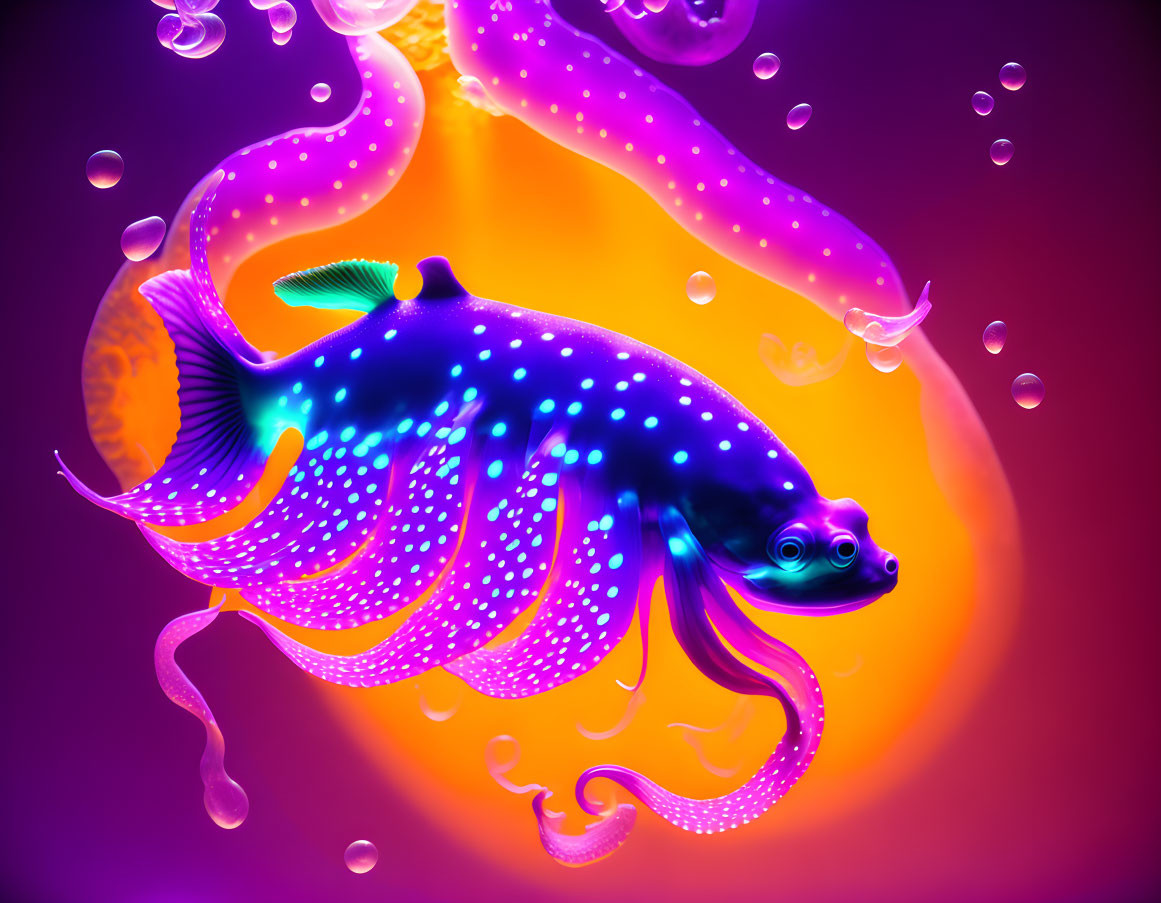 Colorful Neon Fish Swimming Among Jellyfish in Digital Illustration