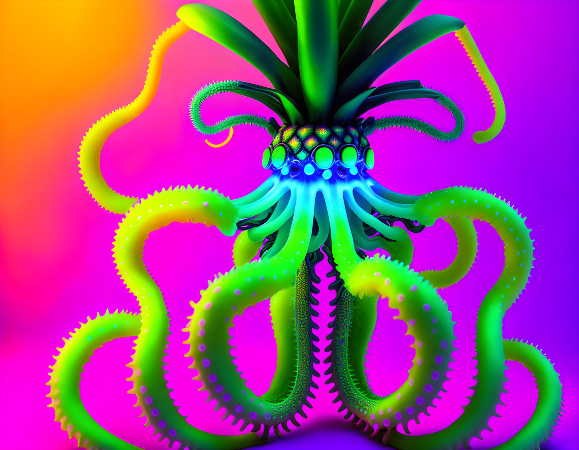 Colorful Octopus Art with Neon Green Tentacles on Multicolored Background