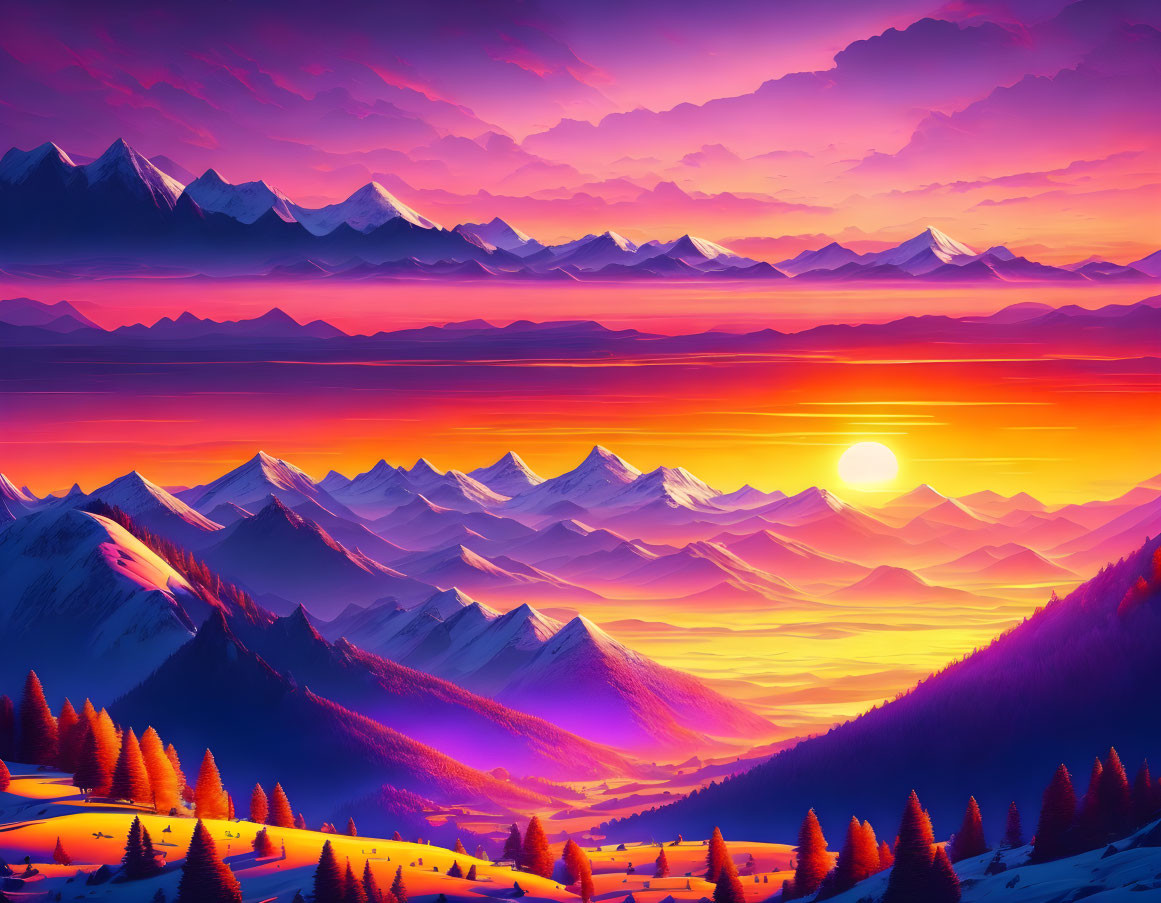 Scenic mountain sunset with purple and orange hues
