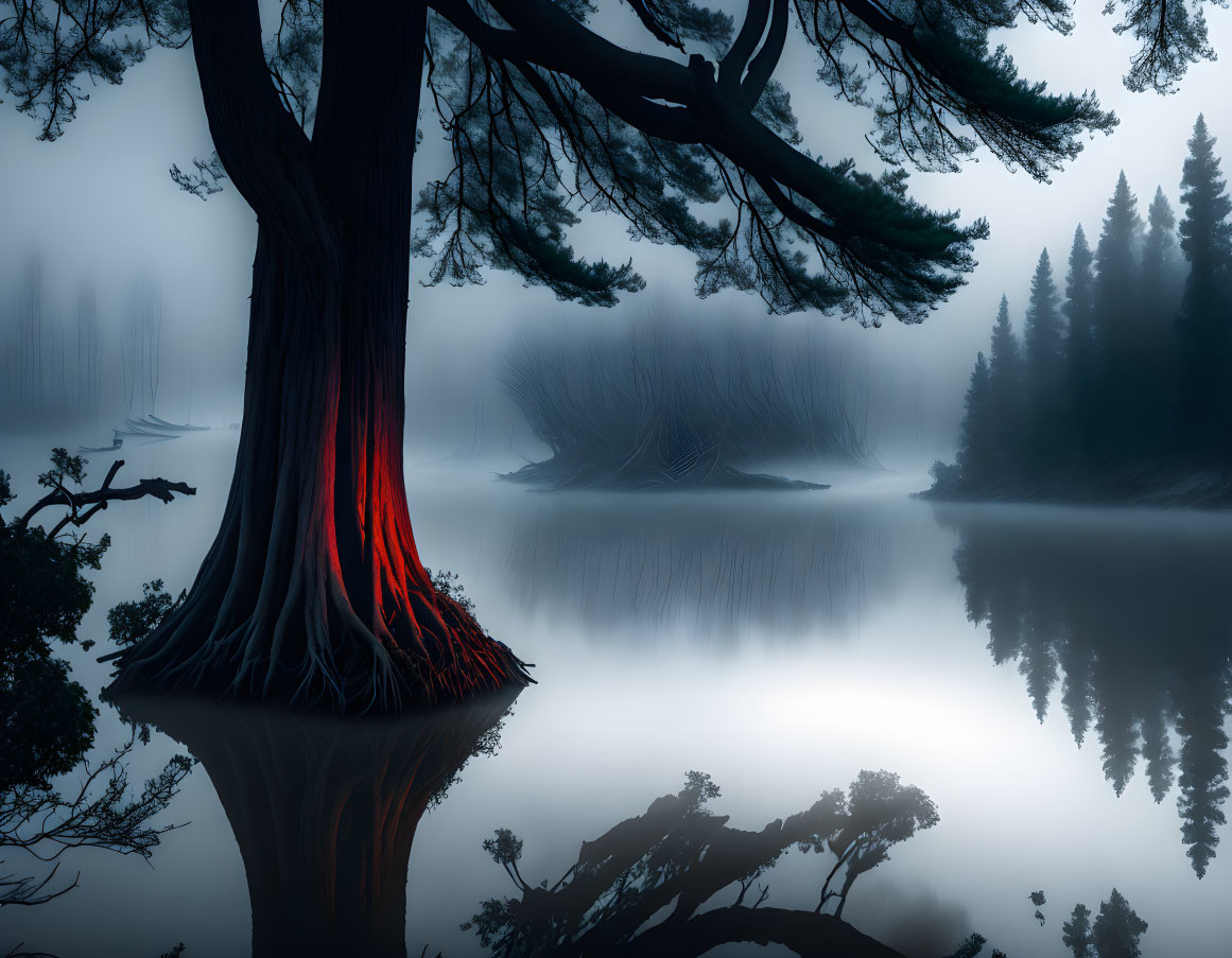 Twilight foggy lakescape with illuminated red tree roots