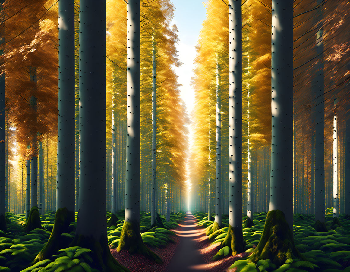 Tranquil forest path with tall trees and green moss