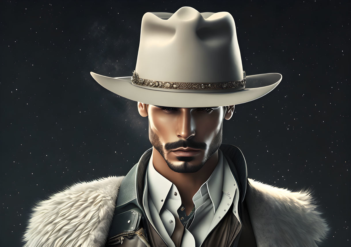 Man with Beard in Cowboy Hat Digital Art Portrait Against Starry Night Sky