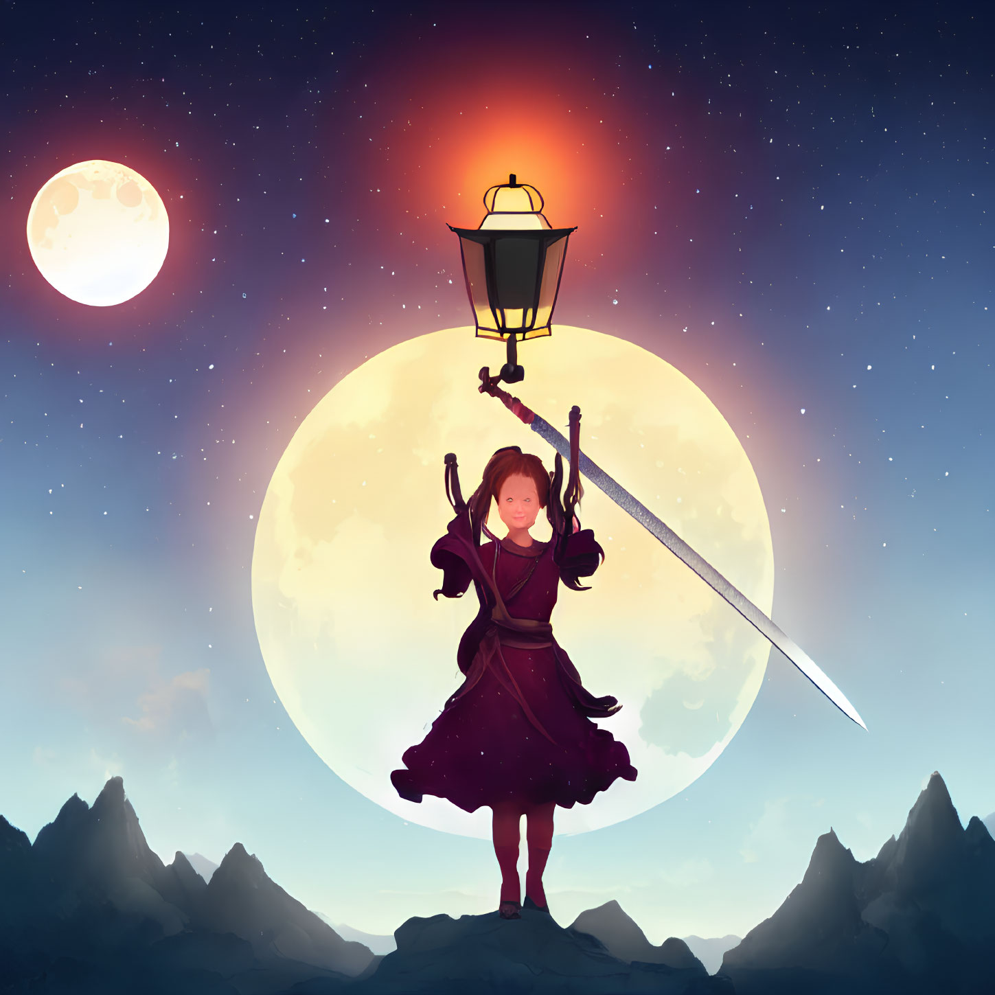 Young girl with sword and lantern under full moon and sunset sky