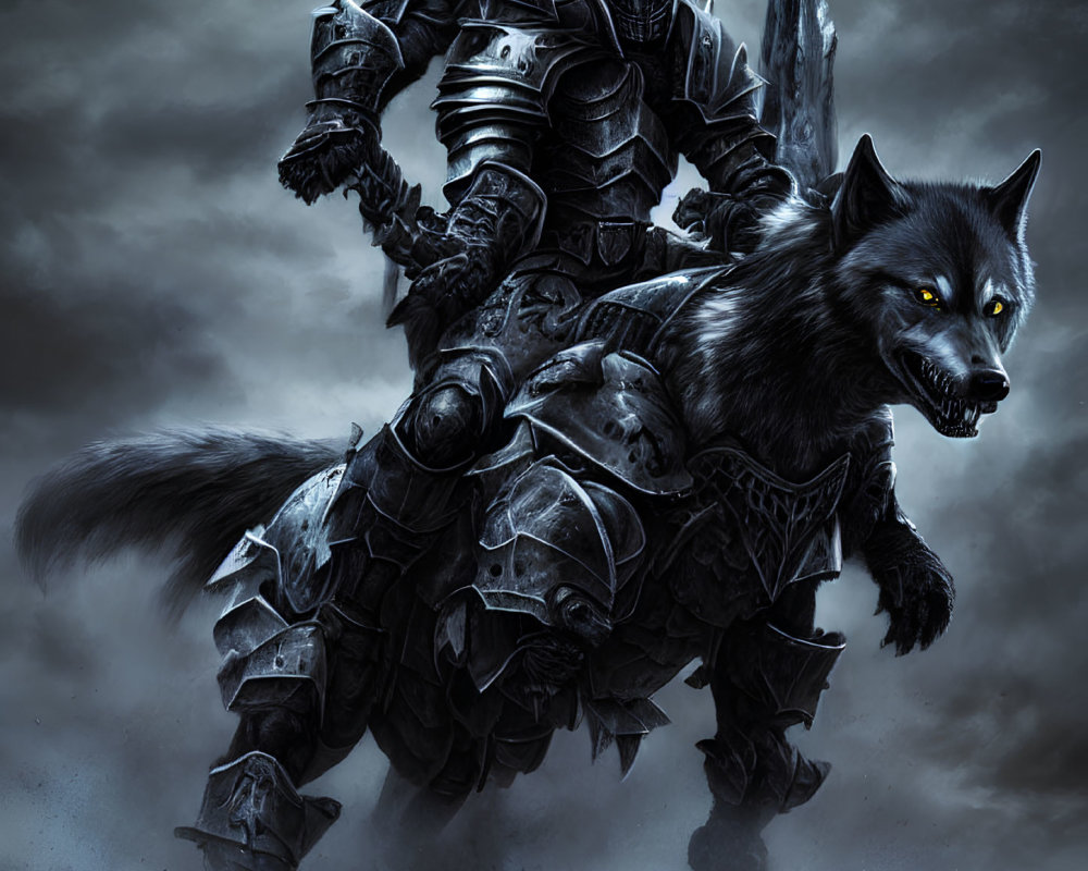 Armored knight riding giant wolf in dark, cloudy scene