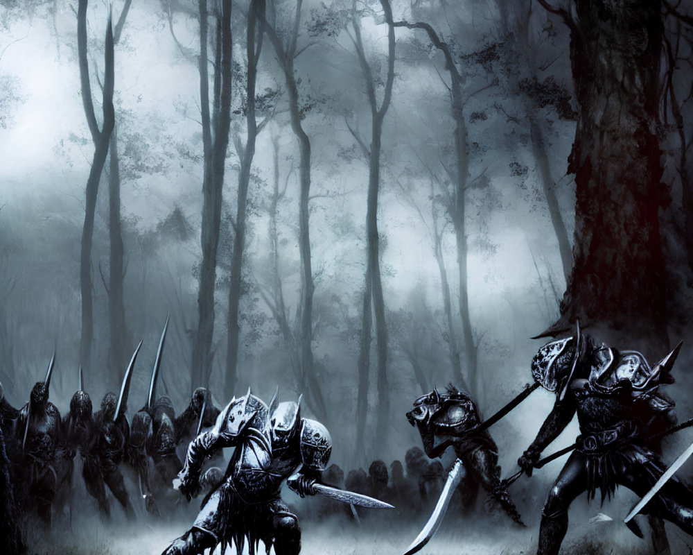 Armored warriors with swords in foggy forest.