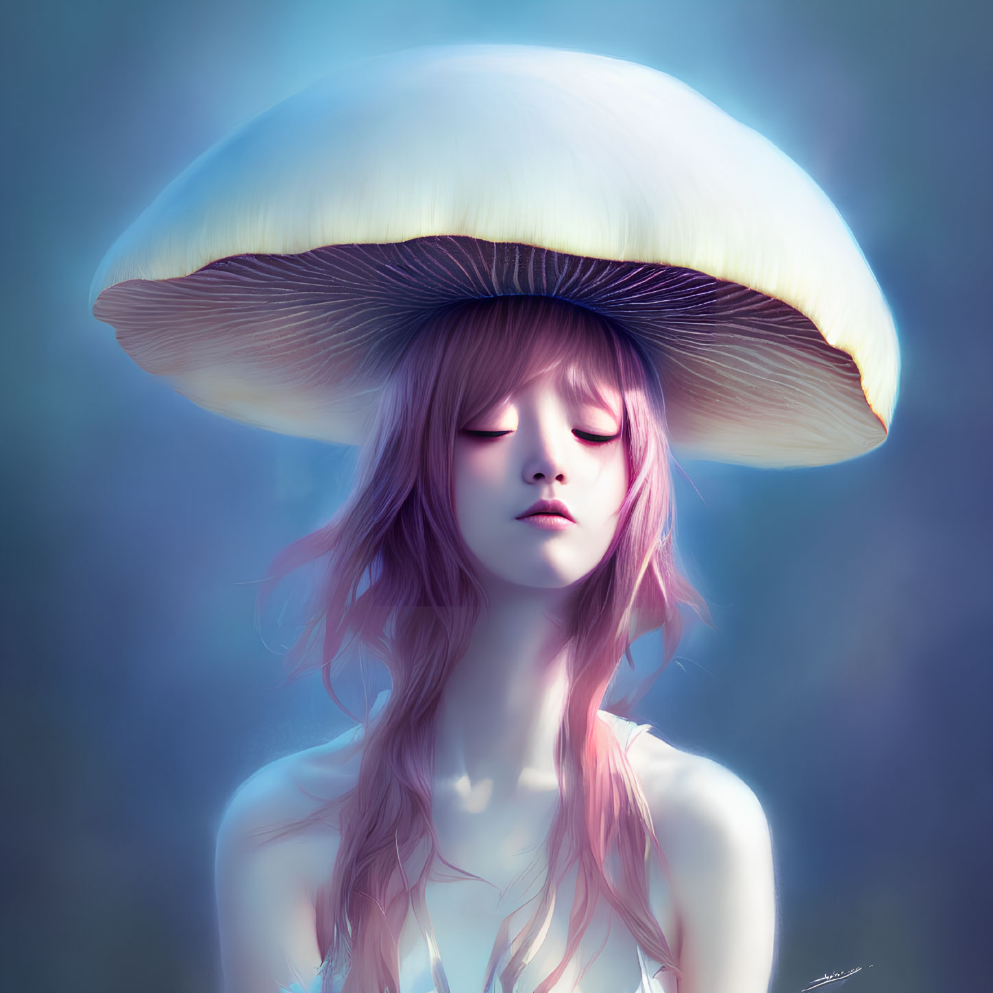 Illustration of woman with mushroom hat and pink hair on blue background