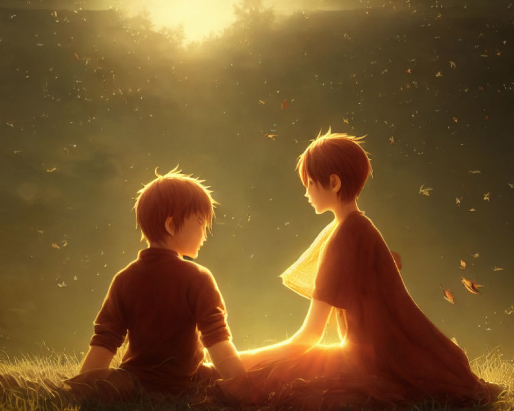 Children on Grassy Hill at Sunset Surrounded by Golden Leaves