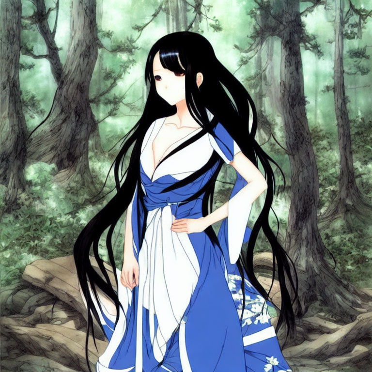 Long-haired animated female character in blue and white dress in serene forest