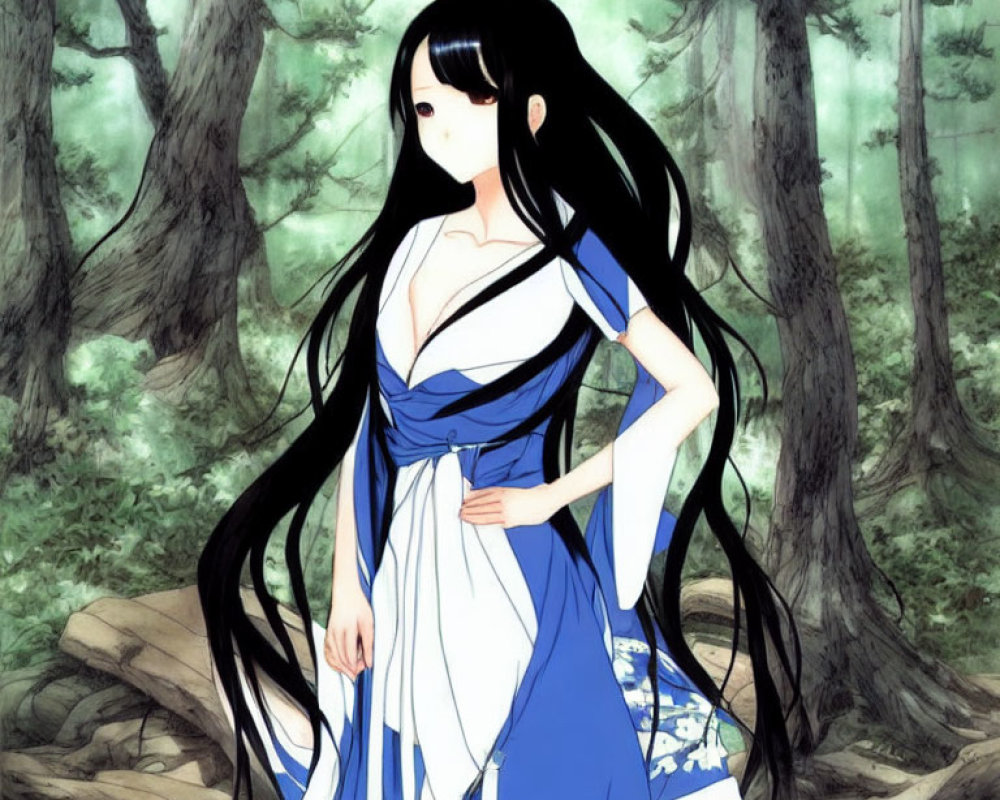 Long-haired animated female character in blue and white dress in serene forest