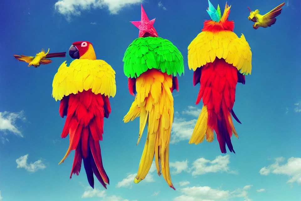 Colorful Parrot-Shaped Pinatas Against Blue Sky