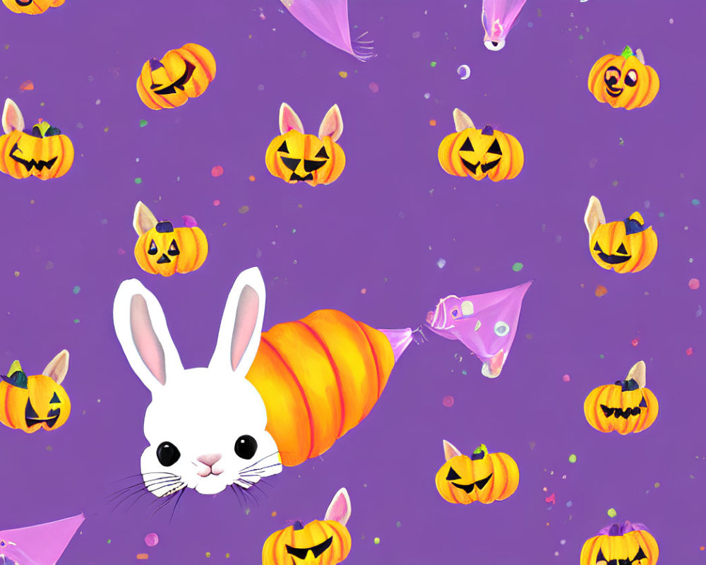 Whimsical Halloween-themed white rabbit in pumpkin costume on purple background