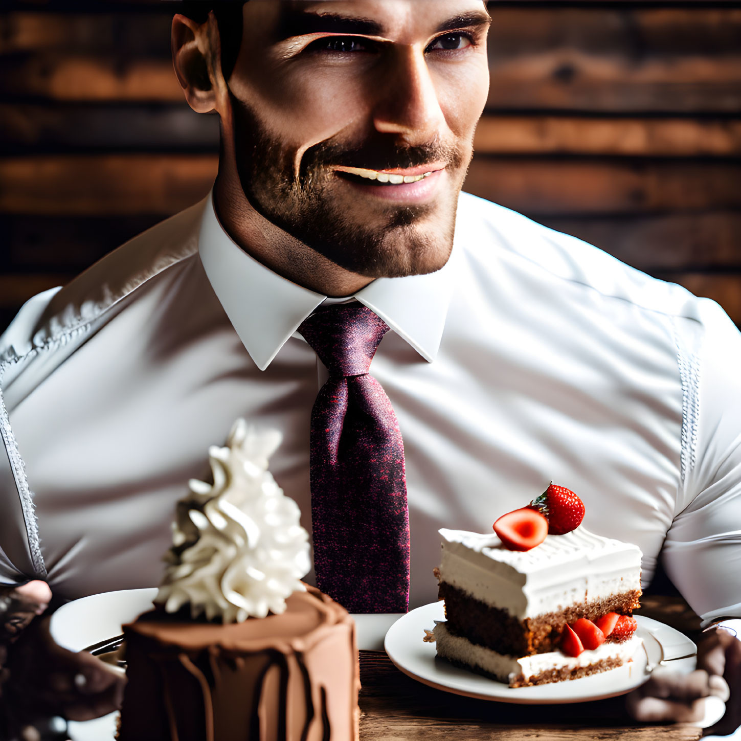 Smiling man in white shirt with cakes on table