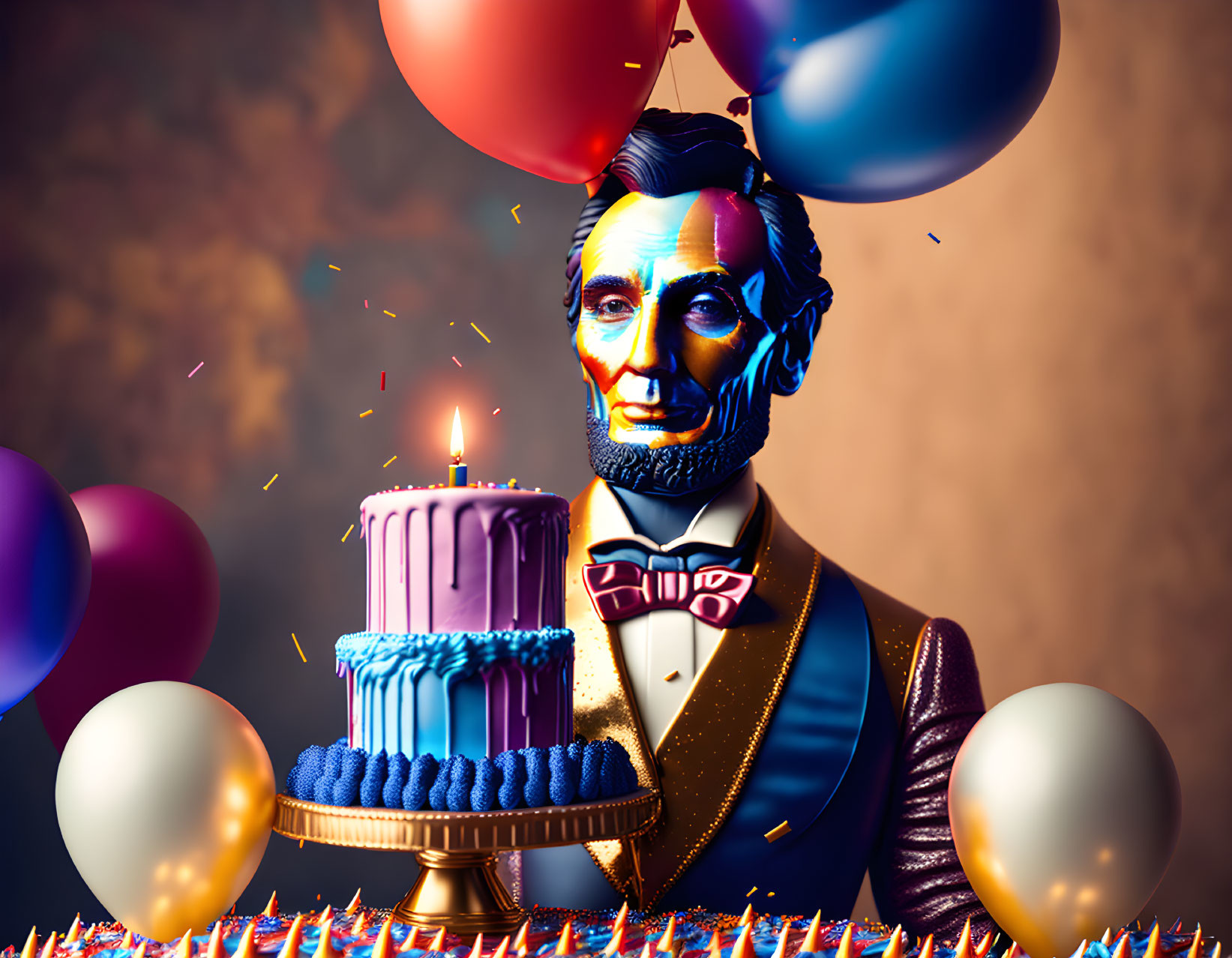 Vibrant Surrealist Art: Abraham Lincoln with Birthday Cake & Balloons