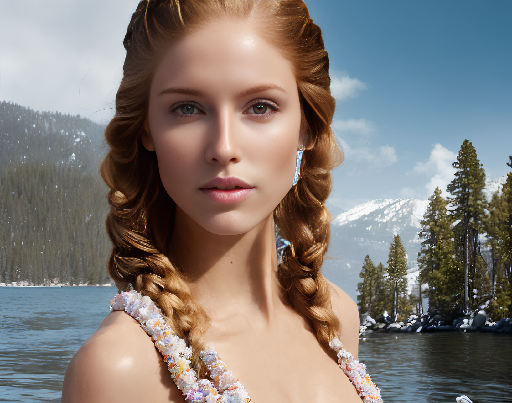 Woman with Braided Hair in Sequined Attire Against Snowy Mountain Landscape